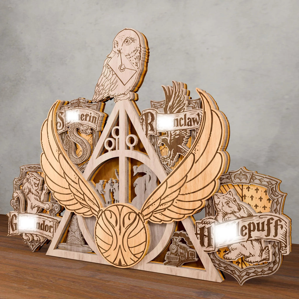 Magic Wizard Crest Multilayer SVG, Four Houses Owl & Flying Ball 3D Layered Wood Lamp, Glowforge Night Light Digital Download