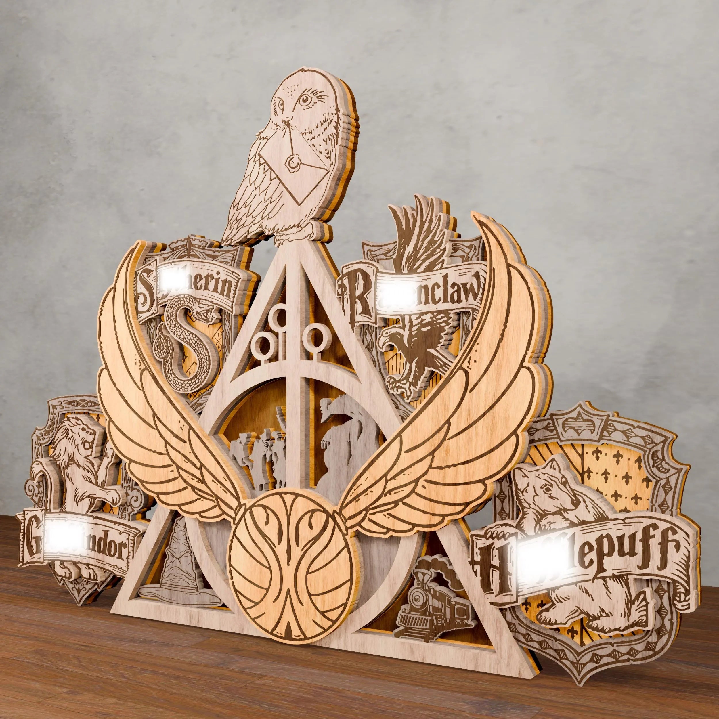 Magic Wizard Crest Multilayer SVG, Four Houses Owl & Flying Ball 3D Layered Wood Lamp, Glowforge Night Light Digital Download
