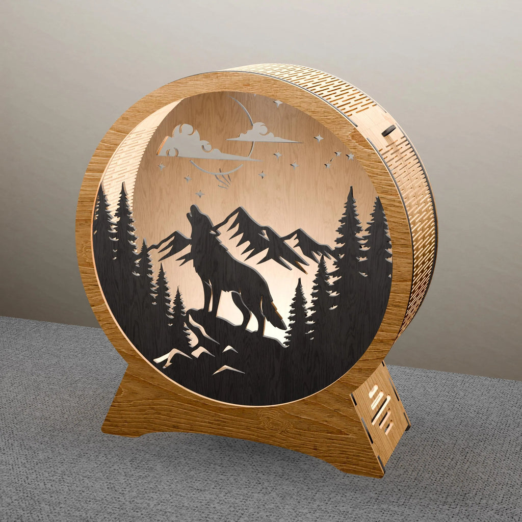 Howling Wolf Mountain Night Lamp SVG Laser Cut Files, 3D Round Wooden Light Box DXF, Forest Scene CNC Digital Download