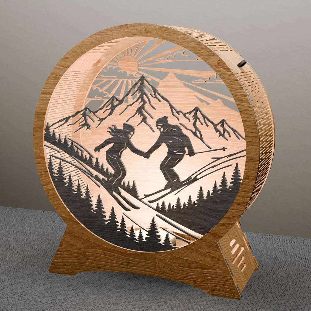 Skiing Couple Multilayer 3D SVG Laser Cut File, Mountain Ski Light Box Digital Download, Glowforge Wood Lamp Files