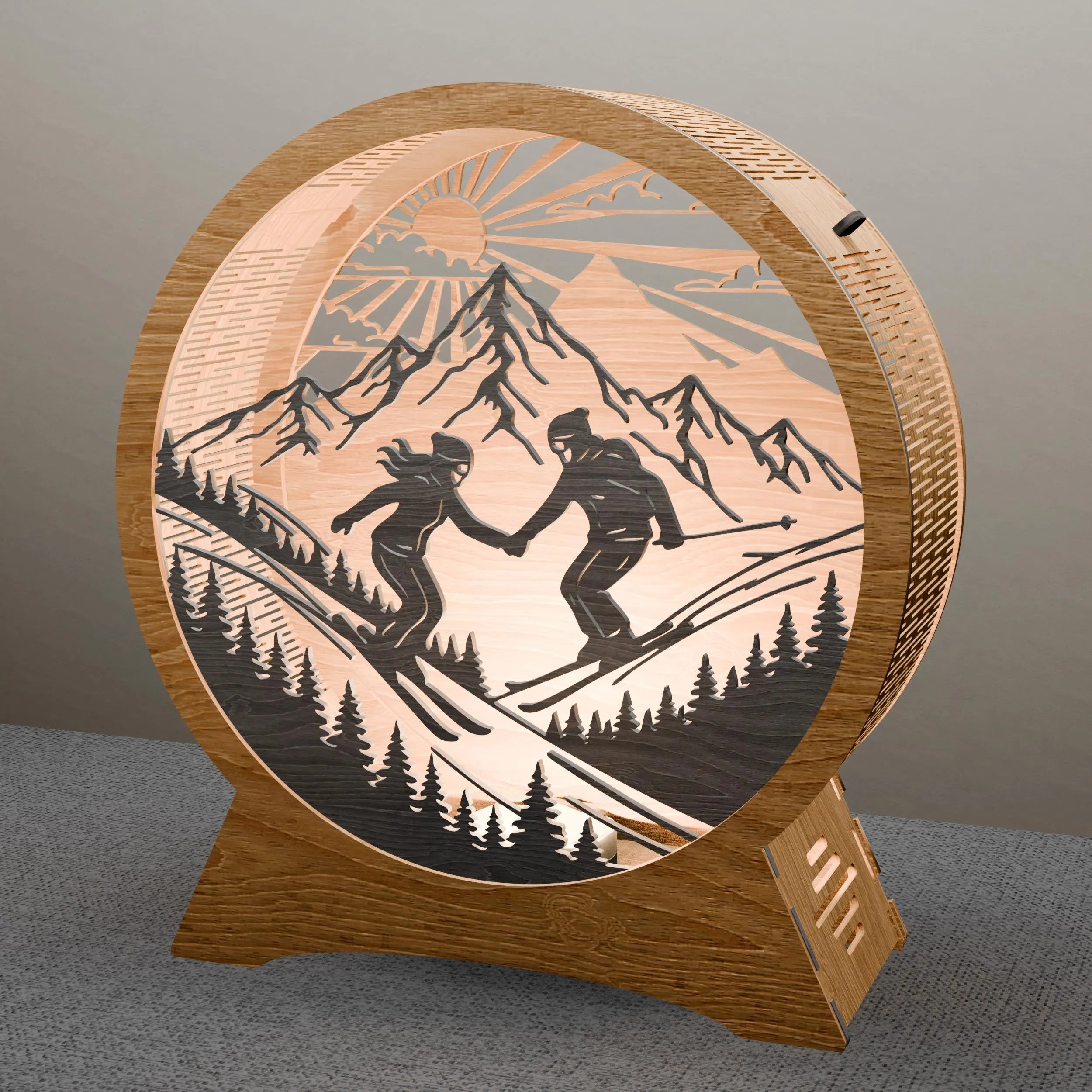 Skiing Couple Multilayer 3D SVG Laser Cut File, Mountain Ski Light Box Digital Download, Glowforge Wood Lamp Files