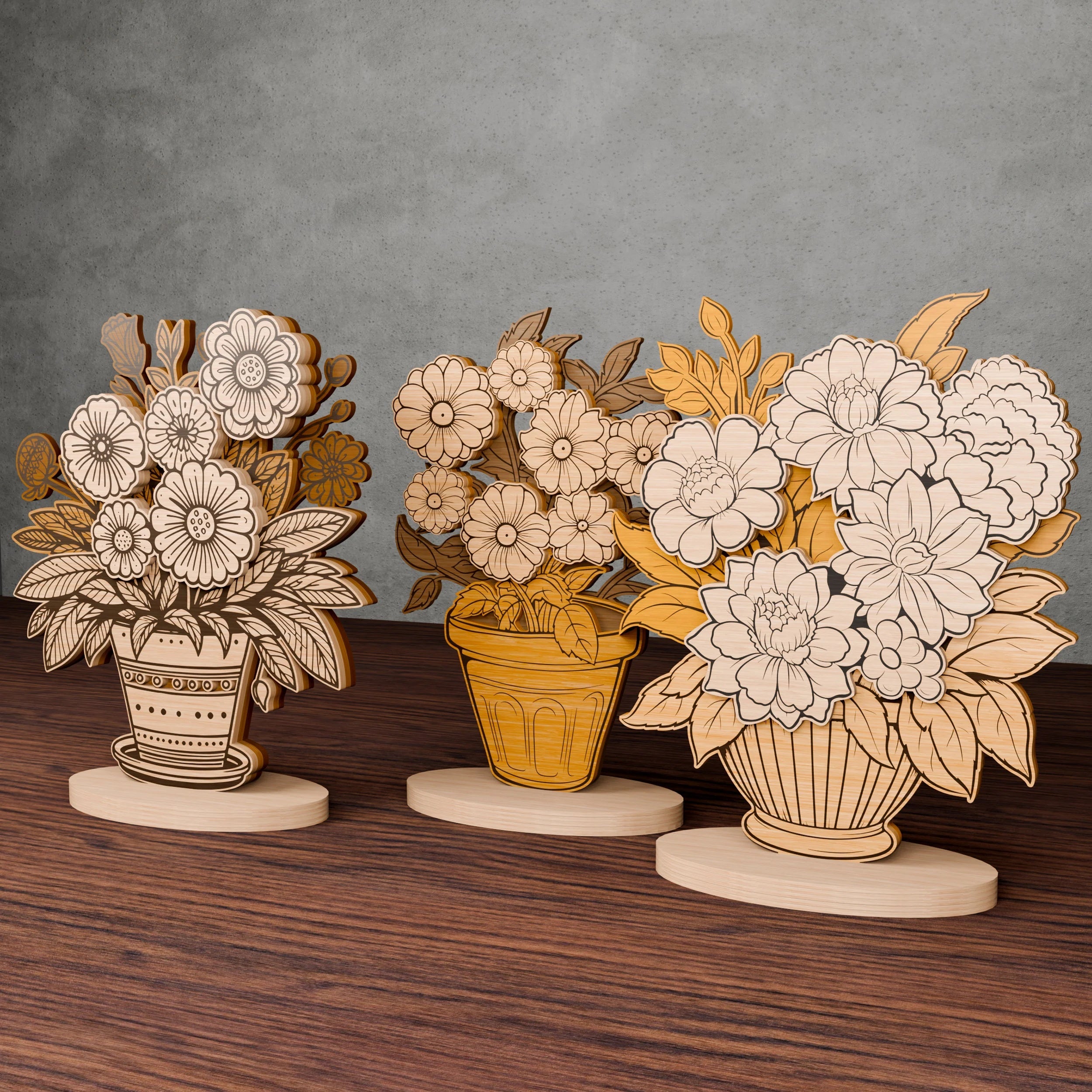 Flower Pot Laser Cut Files Bundle SVG, Layered Floral Bouquet Vase Standee, Glowforge 3D Decor, Multi-Layer Wood Shelf Sitter Cut File
