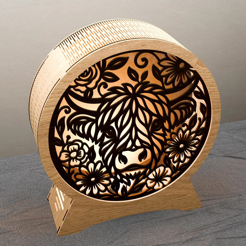 Highland Cow Mandala Lamp SVG Laser Cut Files, 3D Floral Bull Night Light Multilayer Vector, Glowforge Cricut Digital Download