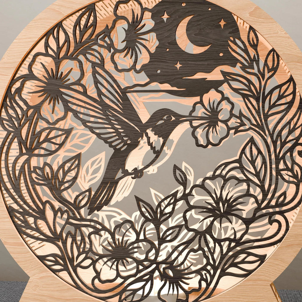 Hummingbird Floral Moon Lamp SVG Laser Cut File, 3D Multilayer Round Night Light Vector, Glowforge Digital Download