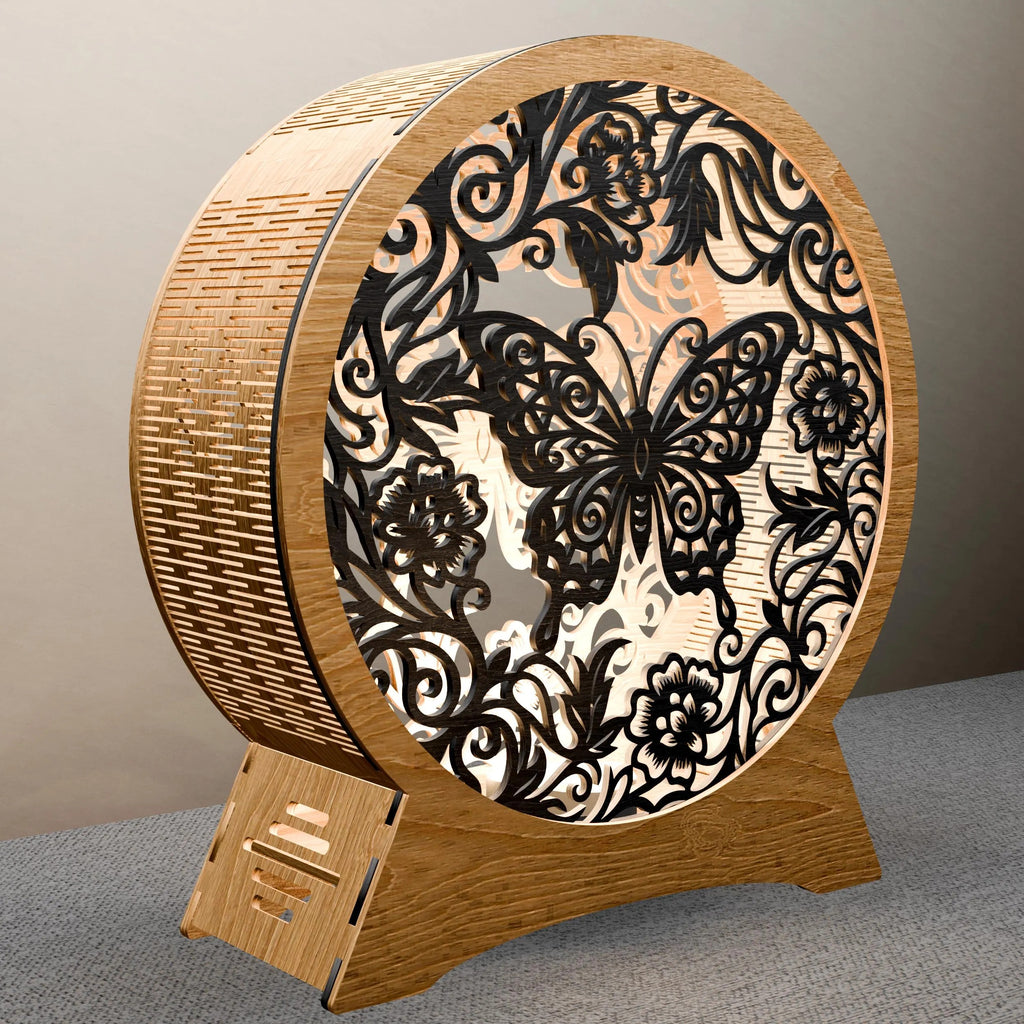 Butterfly Mandala Round Lamp SVG Laser Cut Files, 3D Layered Floral Night Light DXF, Glowforge Wood Light Box Digital Download