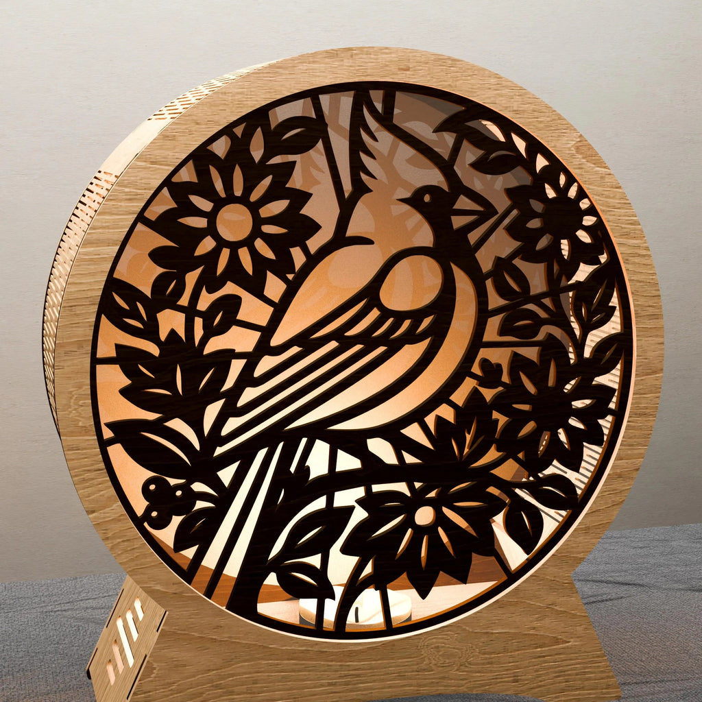 Cardinal Bird Round Lantern Laser Cut Files SVG DXF Wooden Night Light Floral Multilayer 3D Lamp Digital Download