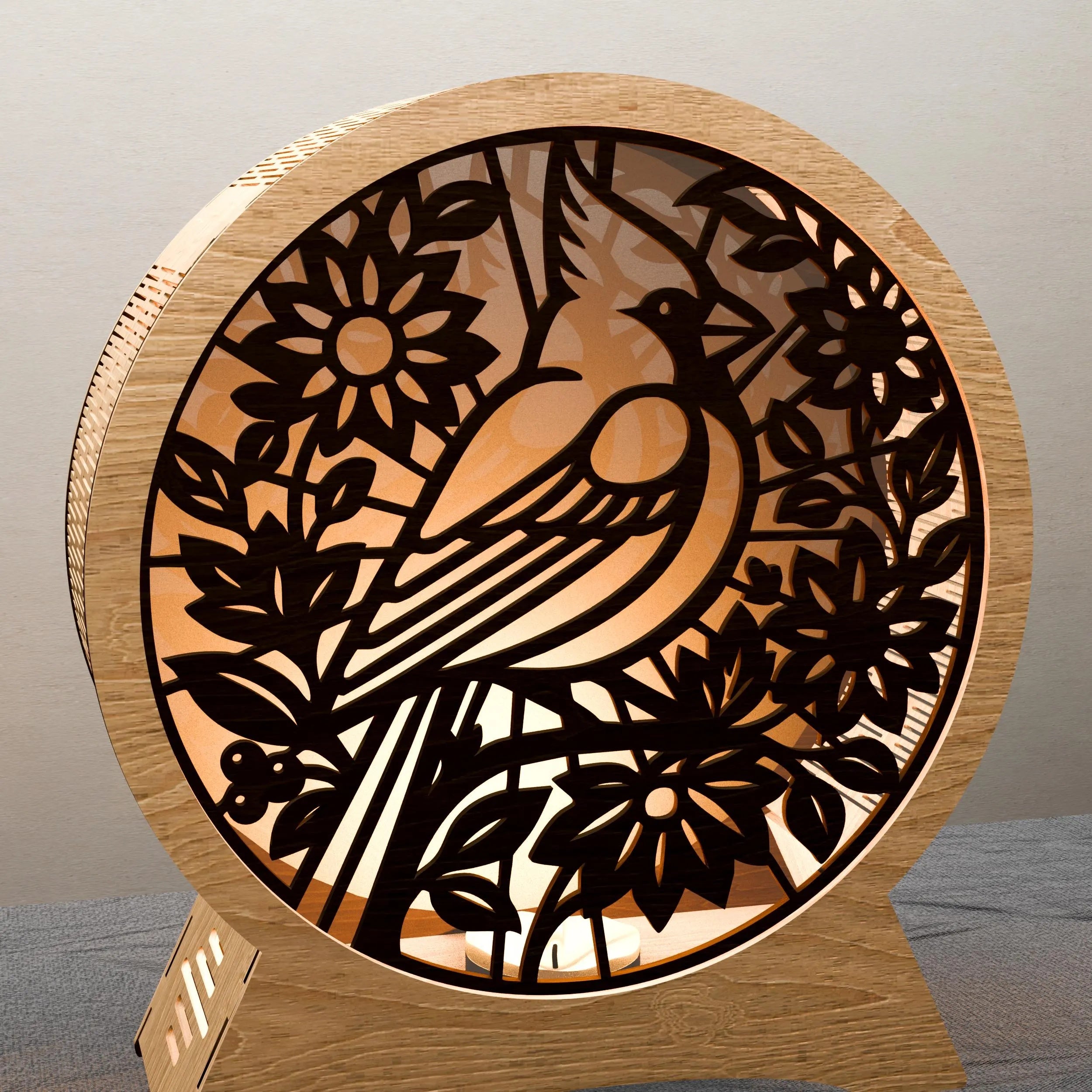 Cardinal Bird Round Lantern Laser Cut Files SVG DXF Wooden Night Light Floral Multilayer 3D Lamp Digital Download