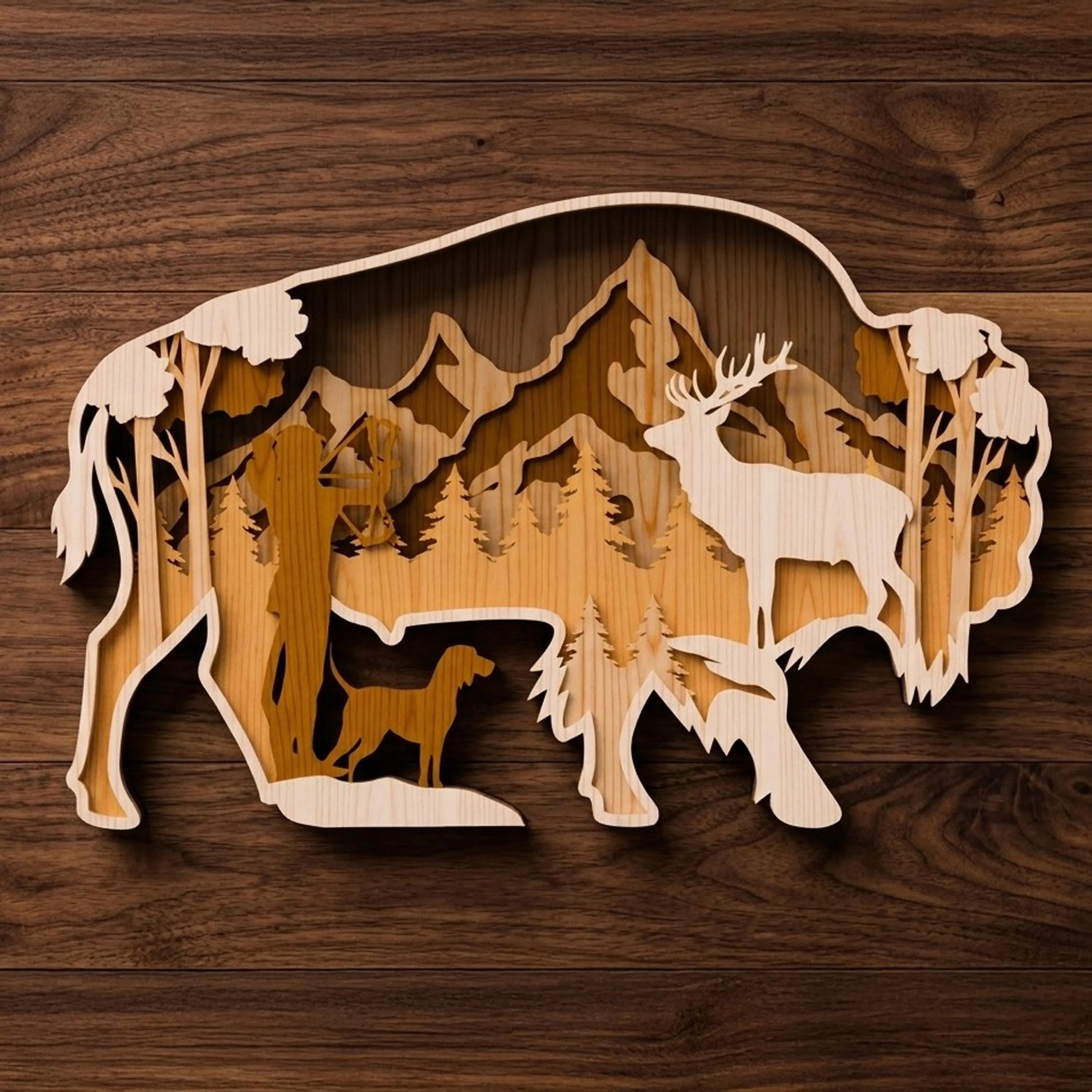 Bison Hunter Scene Laser Cut Files SVG Bundle, Multilayer 3D Buffalo Hunting Wall Art, Deer Dog Mountain Forest DXF CDR