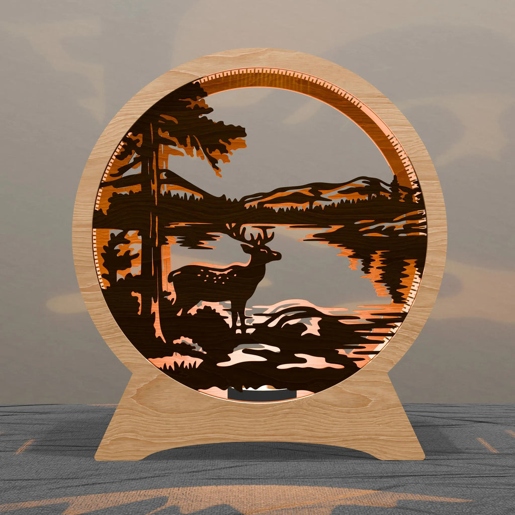 Deer Lake Sunset Multilayer Lamp SVG Laser Cut Files, 3D Layered Wildlife Scene Light Box Digital Download for Glowforge