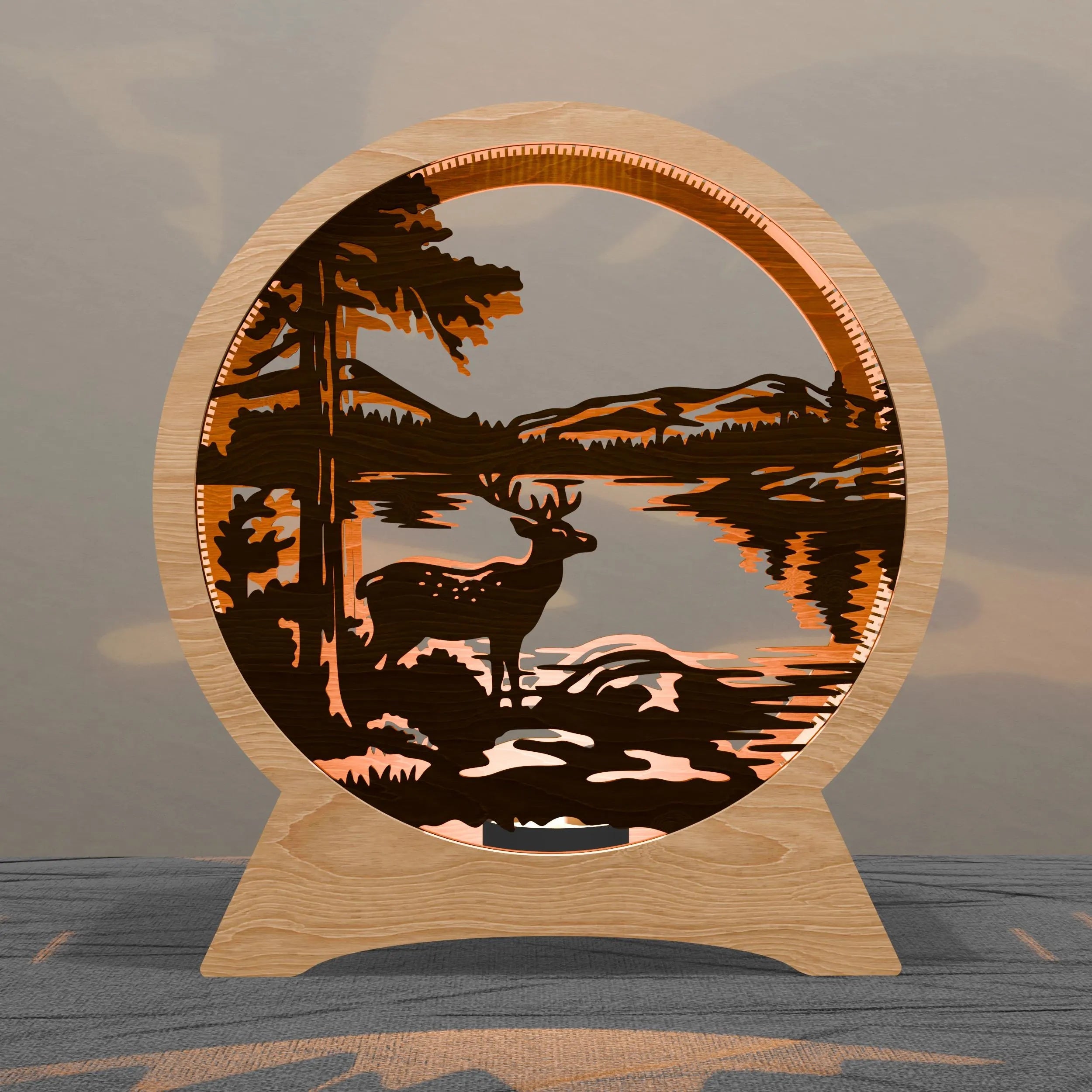 Deer Lake Sunset Multilayer Lamp SVG Laser Cut Files, 3D Layered Wildlife Scene Light Box Digital Download for Glowforge