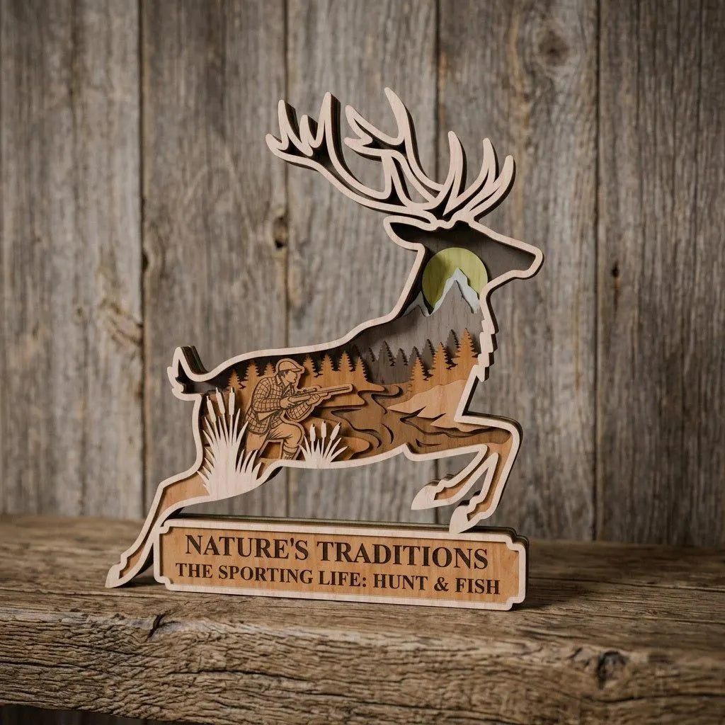 Hunting Deer SVG Laser Cut File, Multilayer Leaping Stag Hunter Scene, 3D Layered Wood Sign Cabin Decor Digital Download