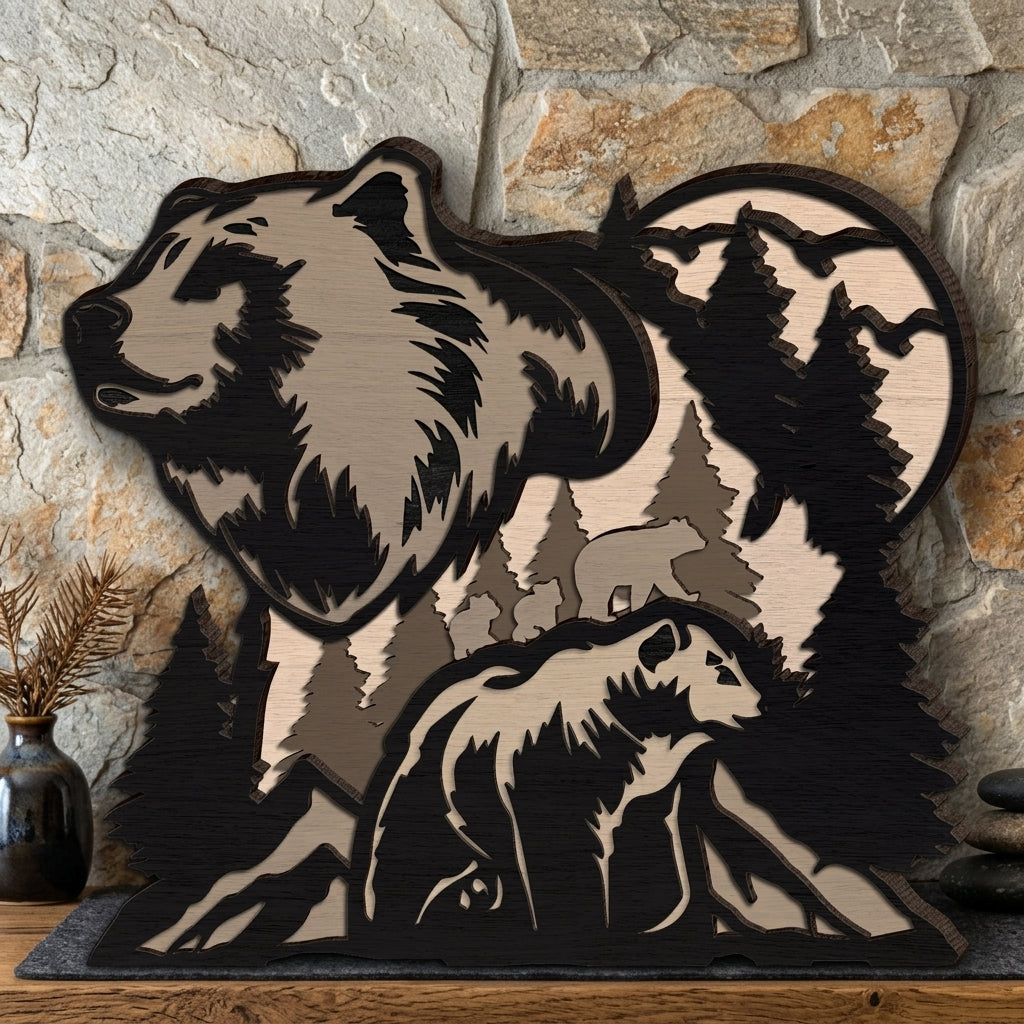 Bear Family SVG Multilayer Laser Cut File, 3D Mandala Forest Mountain Bear Wall Art, Glowforge Cricut Layered Mandala Digital Download