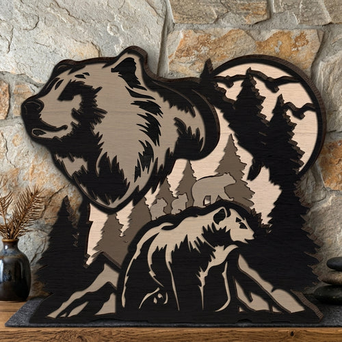 Bear Family SVG Multilayer Laser Cut File, 3D Mandala Forest Mountain Bear Wall Art, Glowforge Cricut Layered Mandala Digital Download