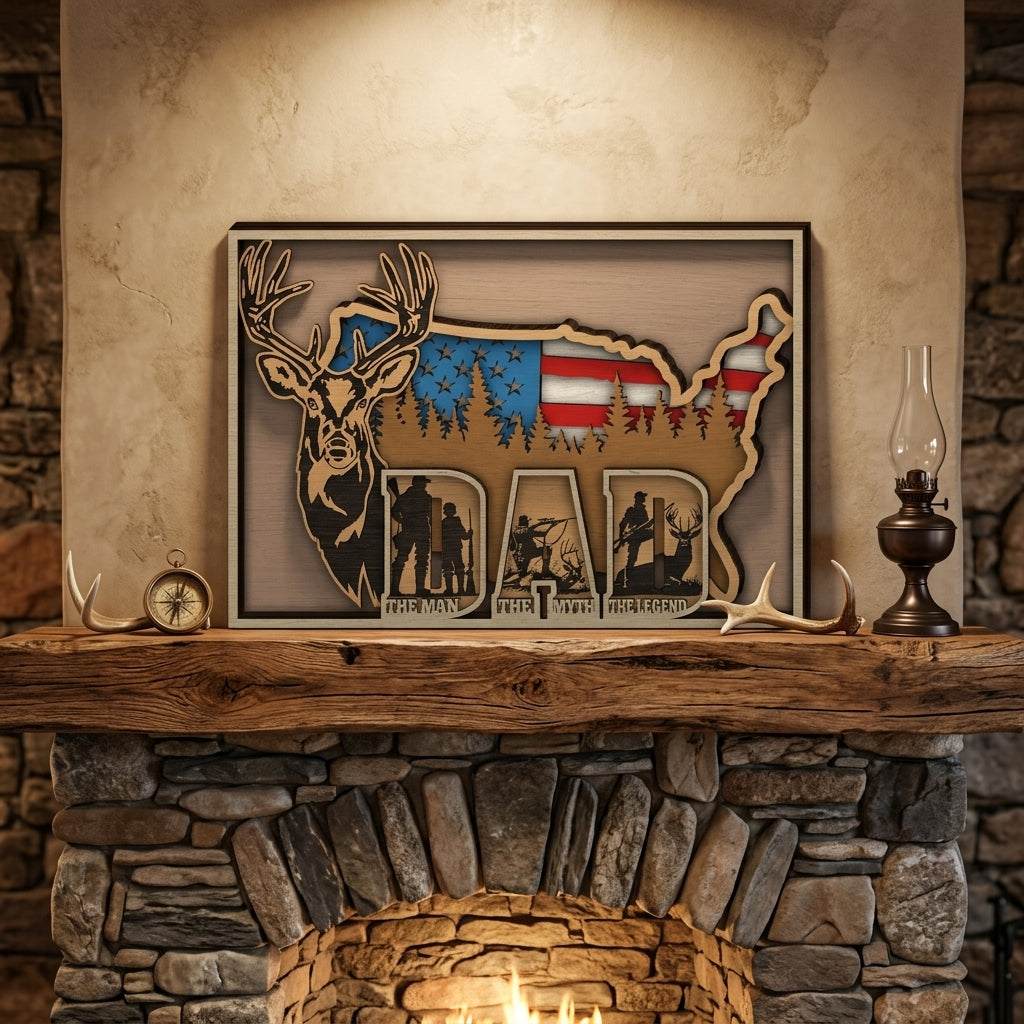 Dad The Man The Myth The Legend SVG, USA Map Deer Hunting Multilayer SVG, American Flag Buck Laser Cut File, Fathers Day Gift