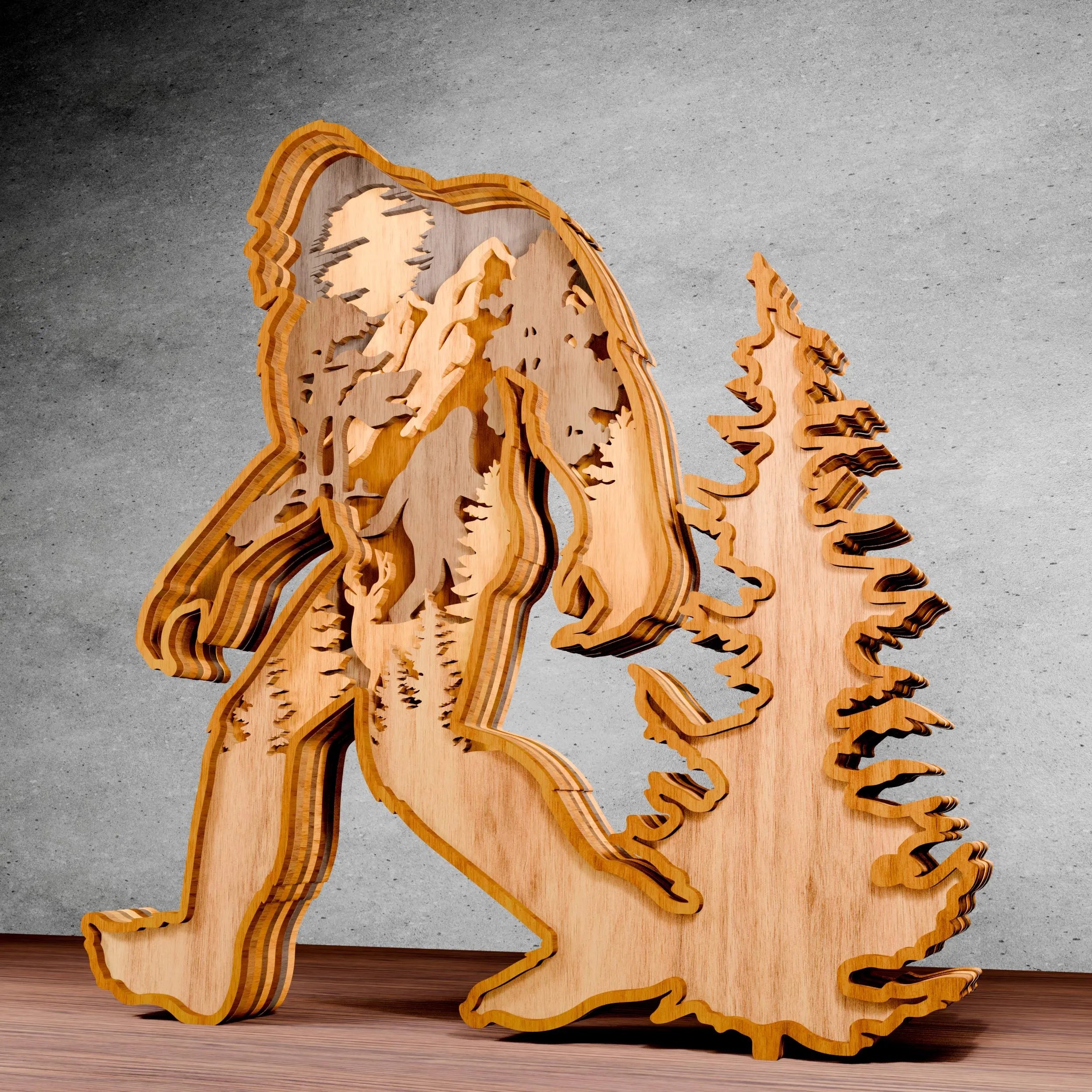 Bigfoot Multilayer Laser Cut SVG Files, Sasquatch Forest Scene 3D Layered Wood Cutting File, Glowforge Cricut Digital Download