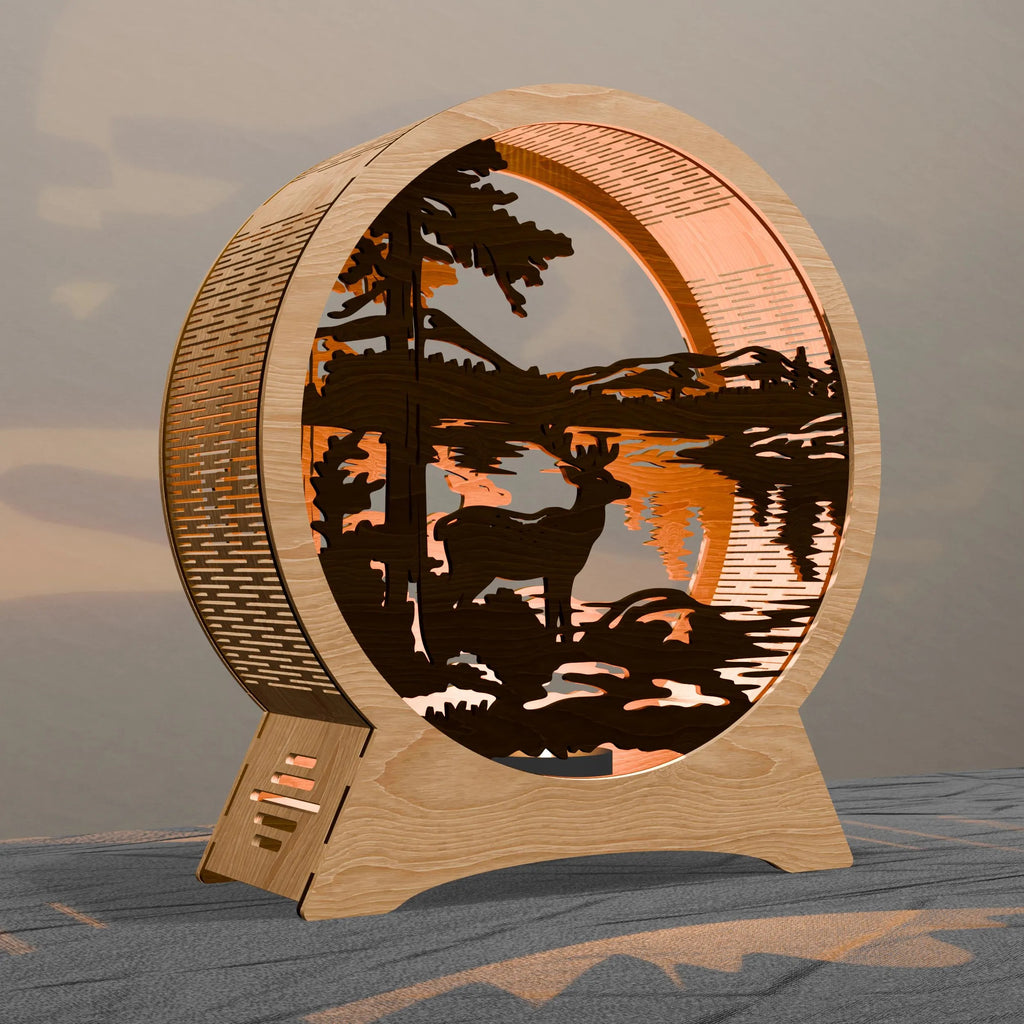 Deer Lake Sunset Multilayer Lamp SVG Laser Cut Files, 3D Layered Wildlife Scene Light Box Digital Download for Glowforge