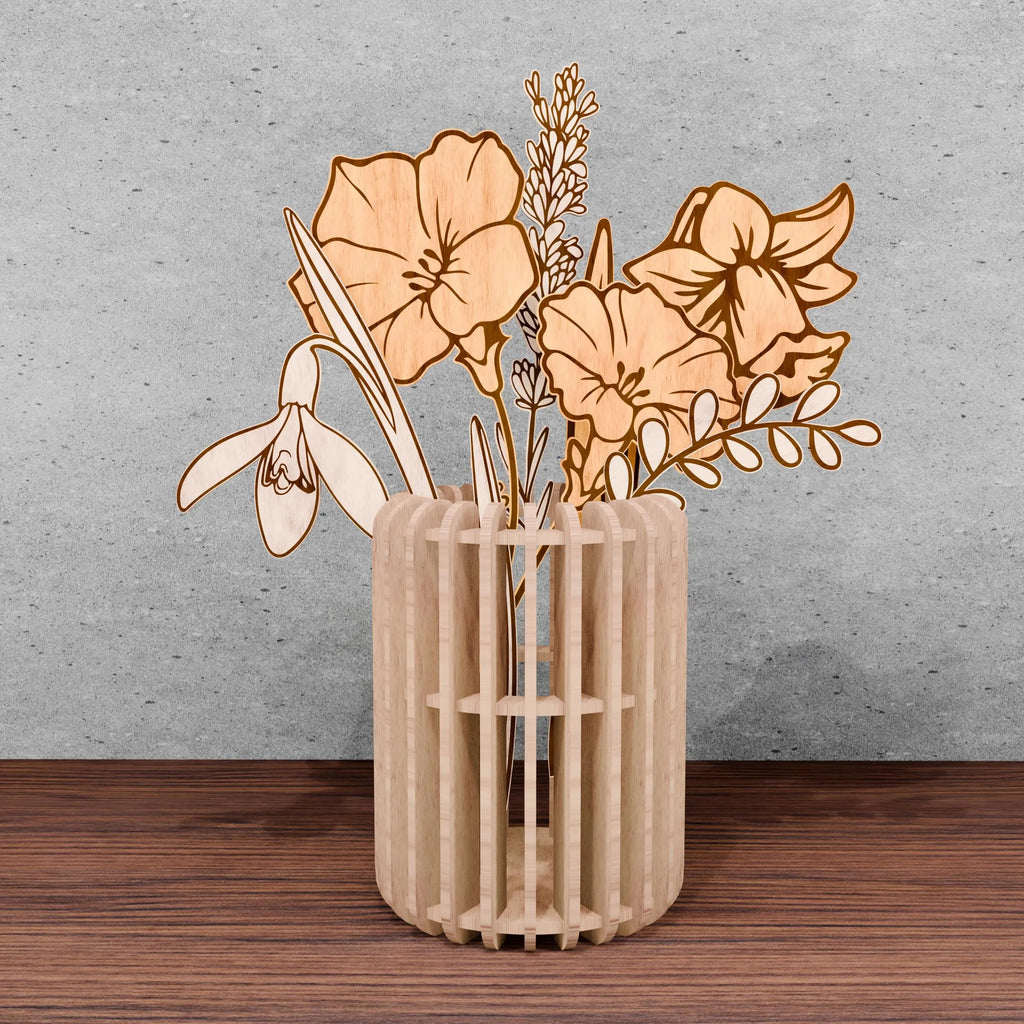 Birth Month Flower Bouquet SVG Bundle, Laser Cut Wooden Vase with Flowers, Glowforge Files, 12 Birth Flowers Digital Download
