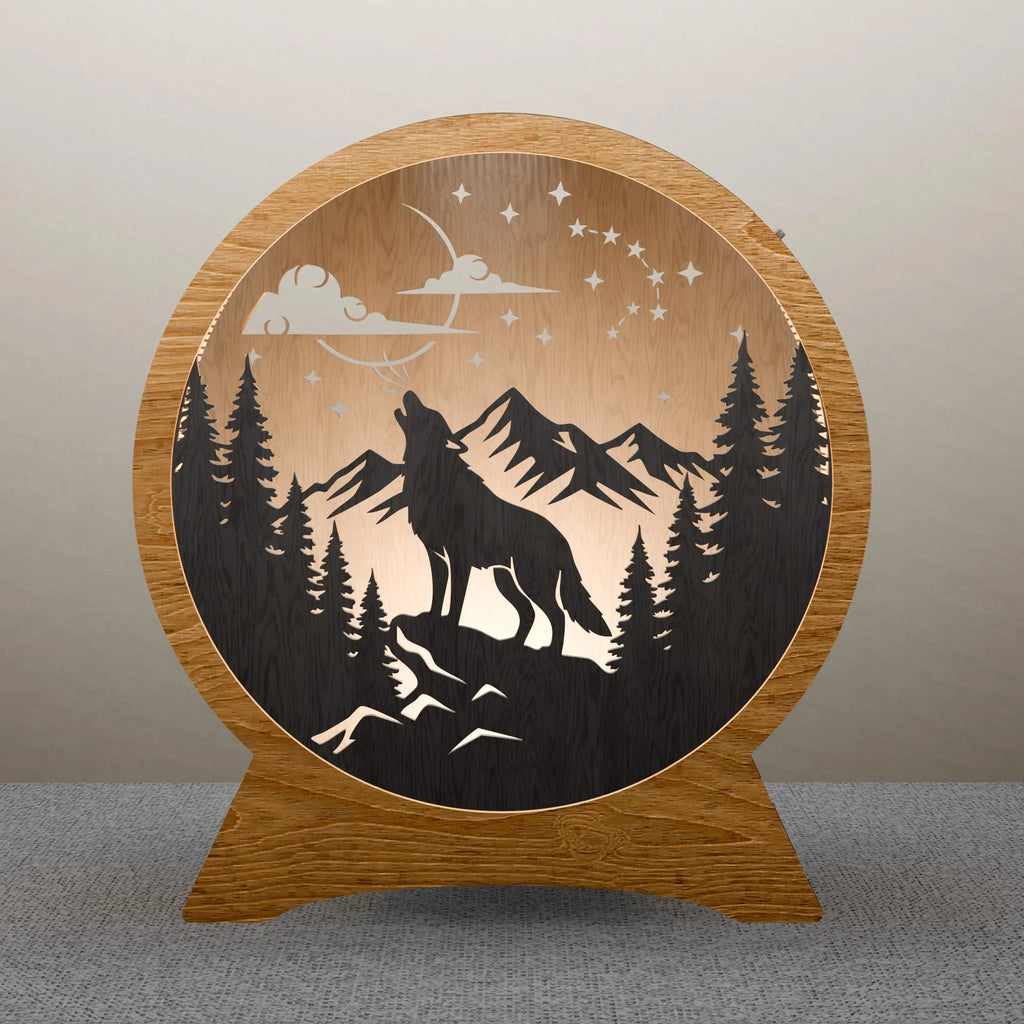 Howling Wolf Mountain Night Lamp SVG Laser Cut Files, 3D Round Wooden Light Box DXF, Forest Scene CNC Digital Download