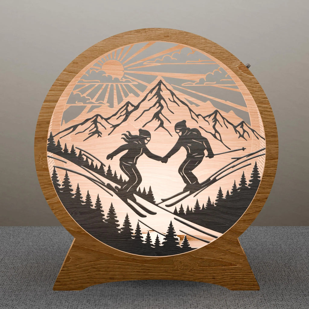 Skiing Couple Multilayer 3D SVG Laser Cut File, Mountain Ski Light Box Digital Download, Glowforge Wood Lamp Files