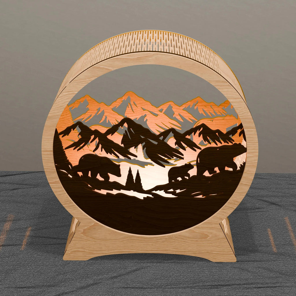 Bear Mountain Lamp Laser Cut Files SVG, 3D Layered Wildlife Night Light, Glowforge Wood Lantern DXF, Forest Scene Digital Download