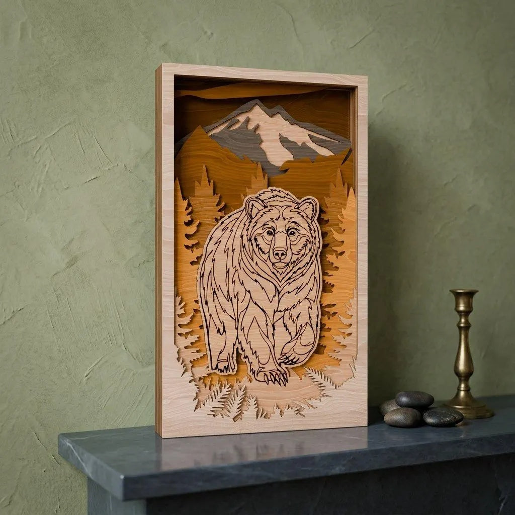 3D Bear Mountain Shadow Box SVG, Layered Grizzly Wall Art Laser Cut File, Cabin Wildlife Multilayer Glowforge Cricut Digital Download