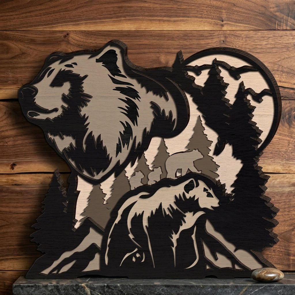 Bear Family SVG Multilayer Laser Cut File, 3D Mandala Forest Mountain Bear Wall Art, Glowforge Cricut Layered Mandala Digital Download
