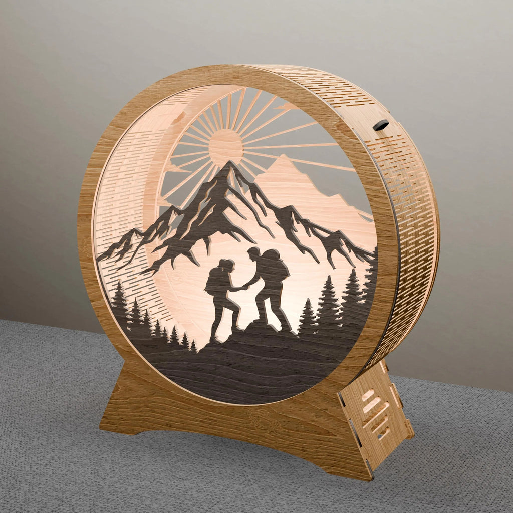 Hiking Couple Mountain Sunrise 3D Layered Lamp SVG Laser Cut File, Round Night Light Digital Download, Adventure Wood Lamp Vector