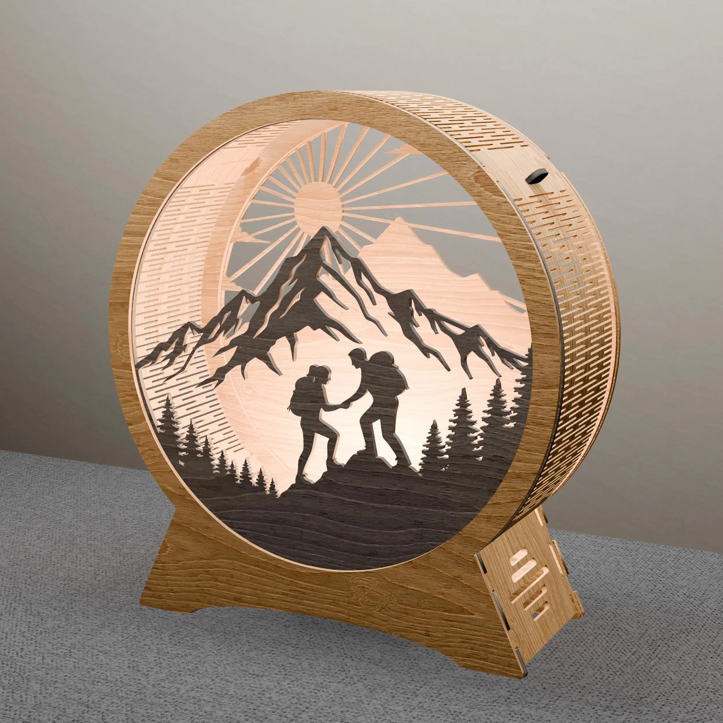 Hiking Couple Mountain Sunrise 3D Layered Lamp SVG Laser Cut File, Round Night Light Digital Download, Adventure Wood Lamp Vector