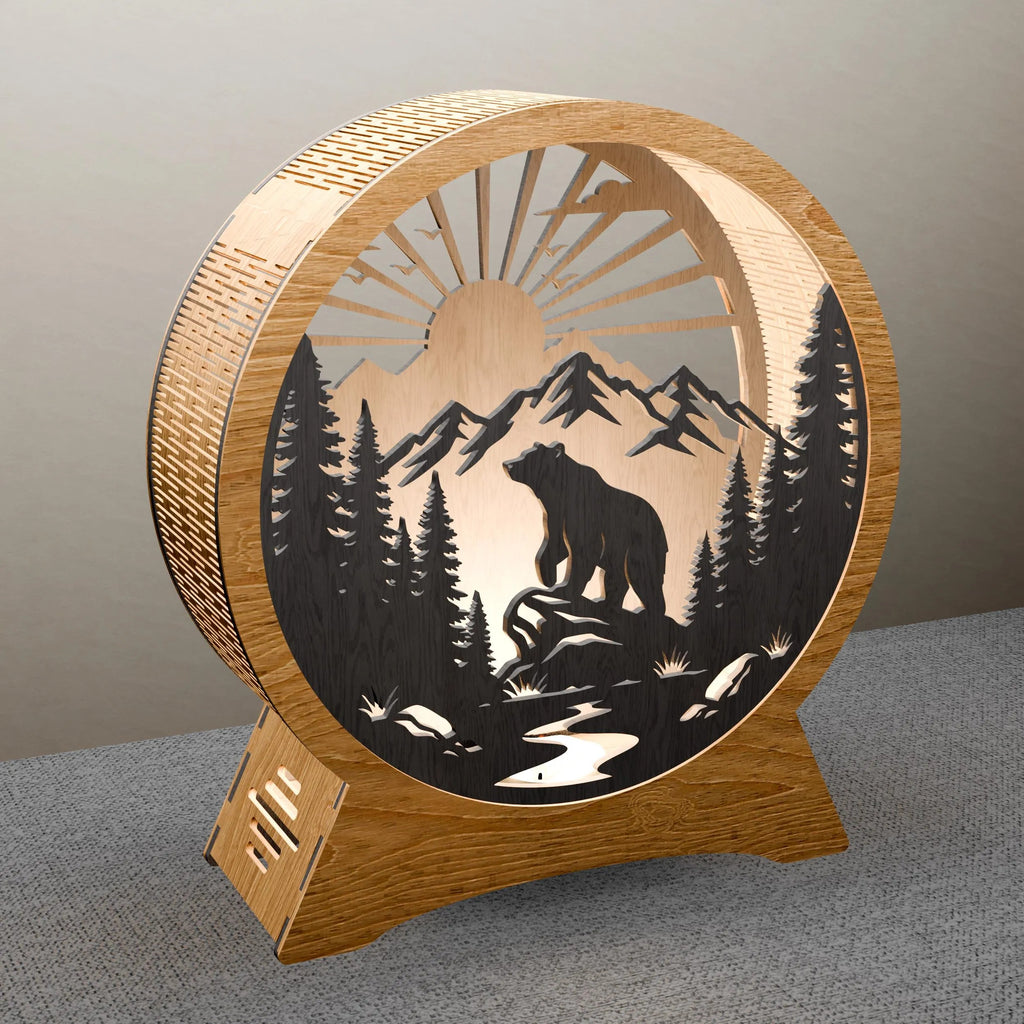 Bear Mountain Sunrise Round Lamp SVG Laser Cut Files, 3D Layered Wildlife Night Light DXF, Glowforge Wood Lamp Template