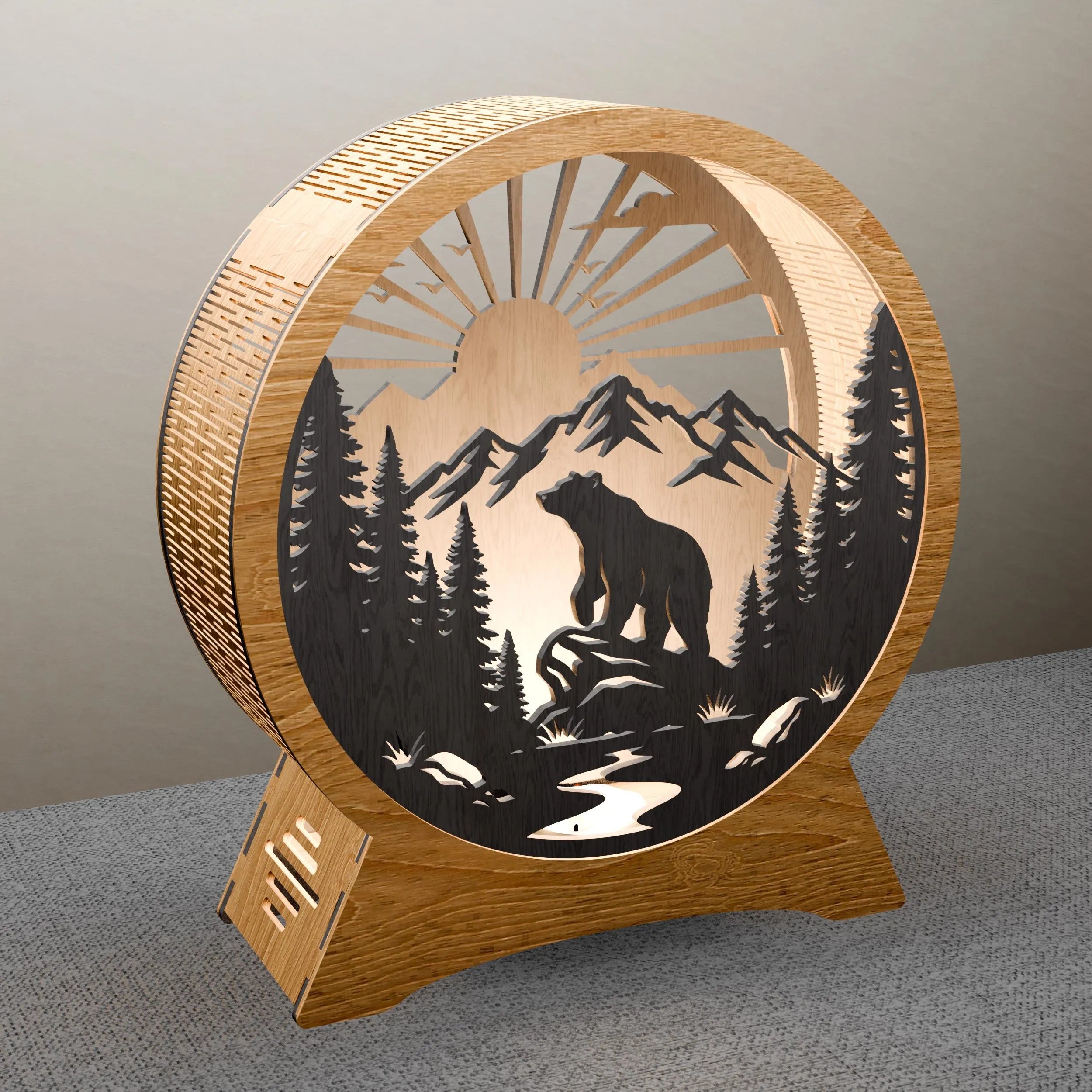 Bear Mountain Sunrise Round Lamp SVG Laser Cut Files, 3D Layered Wildlife Night Light DXF, Glowforge Wood Lamp Template