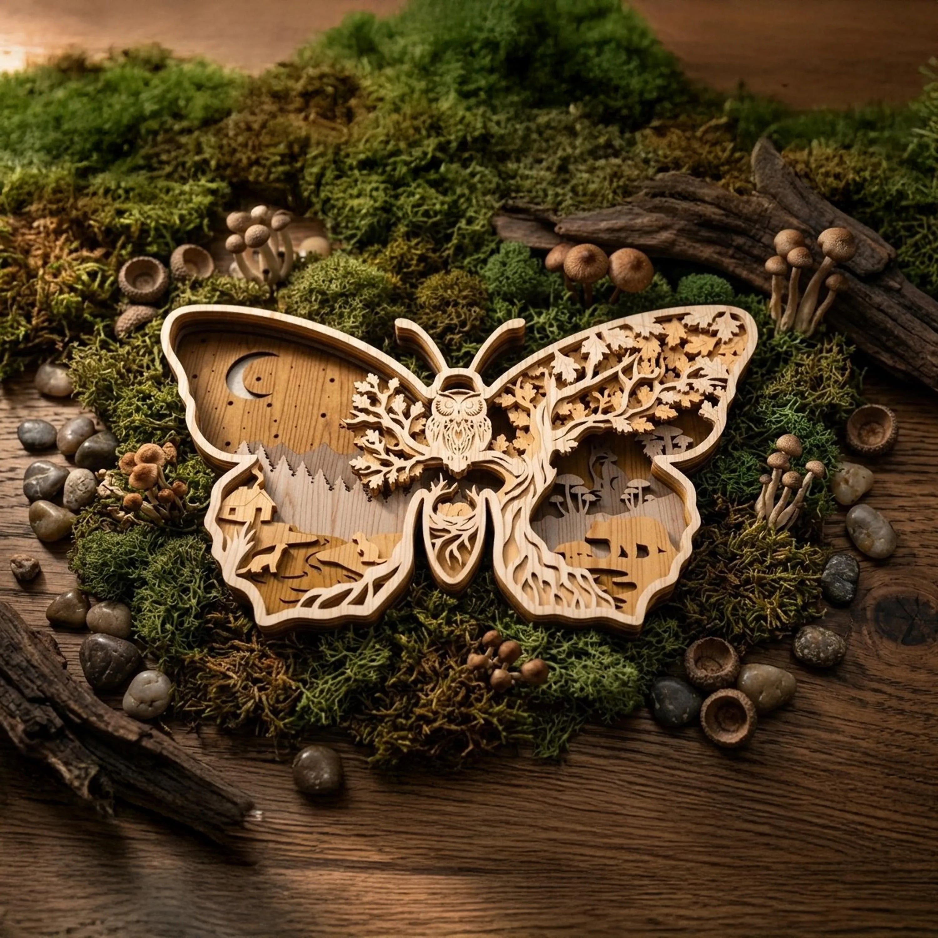 Multilayer Butterfly Owl Forest SVG Laser Cut File, 3D Layered Woodland Scene, Wall Art Glowforge Cricut Digital Download