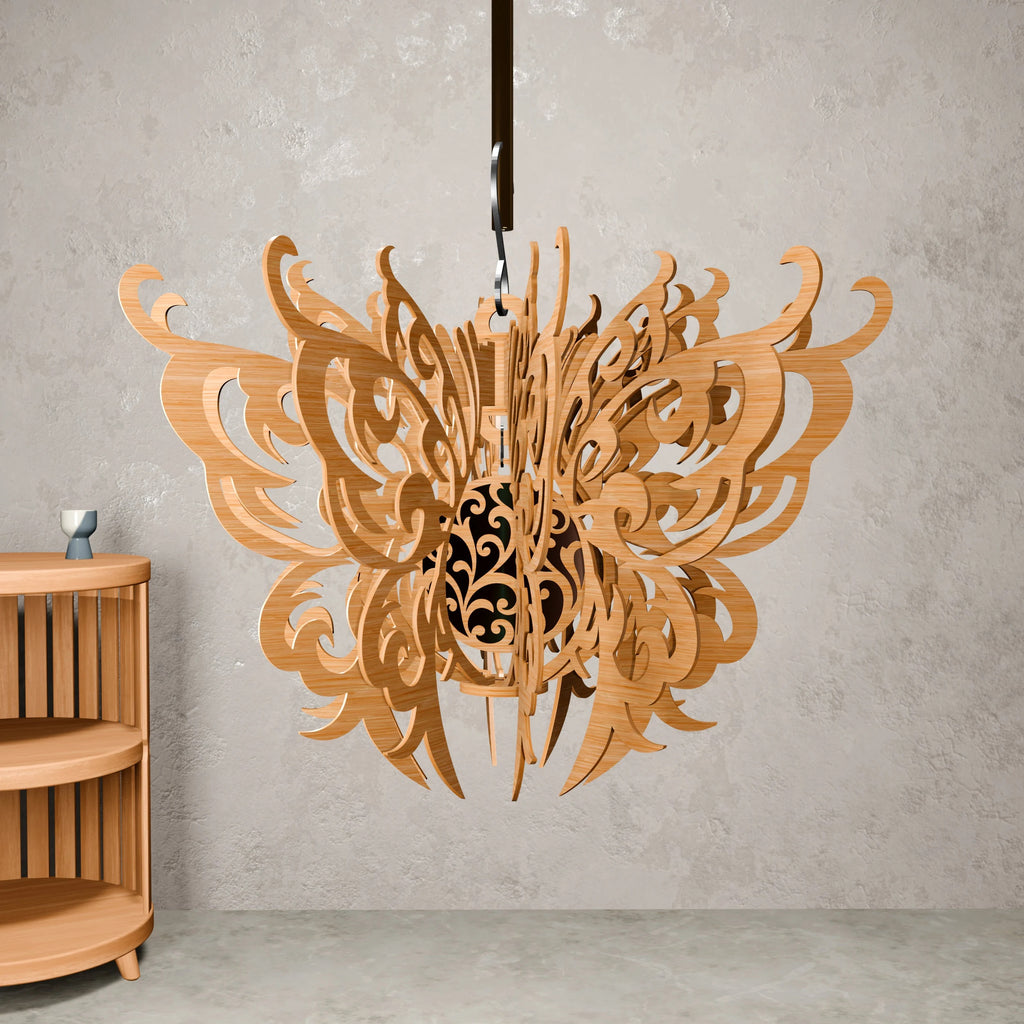 Butterfly Pendant Lamp SVG Laser Cut Files, 3D Wooden Chandelier Digital Pattern, DXF CDR Plans for Glowforge & CNC Router
