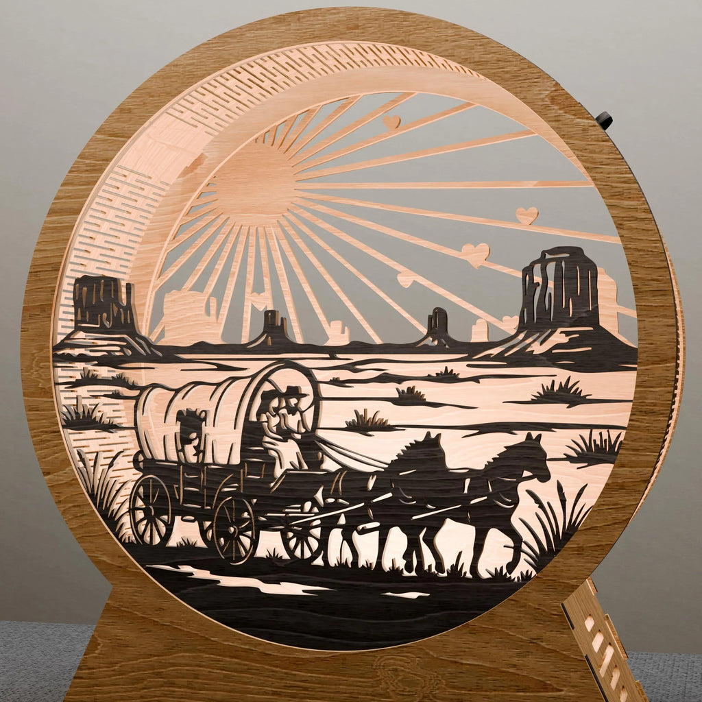 Western Covered Wagon Laser Cut SVG, Pioneer Sunset 3D Layered Light Box Digital File, Monument Valley Lamp Glowforge