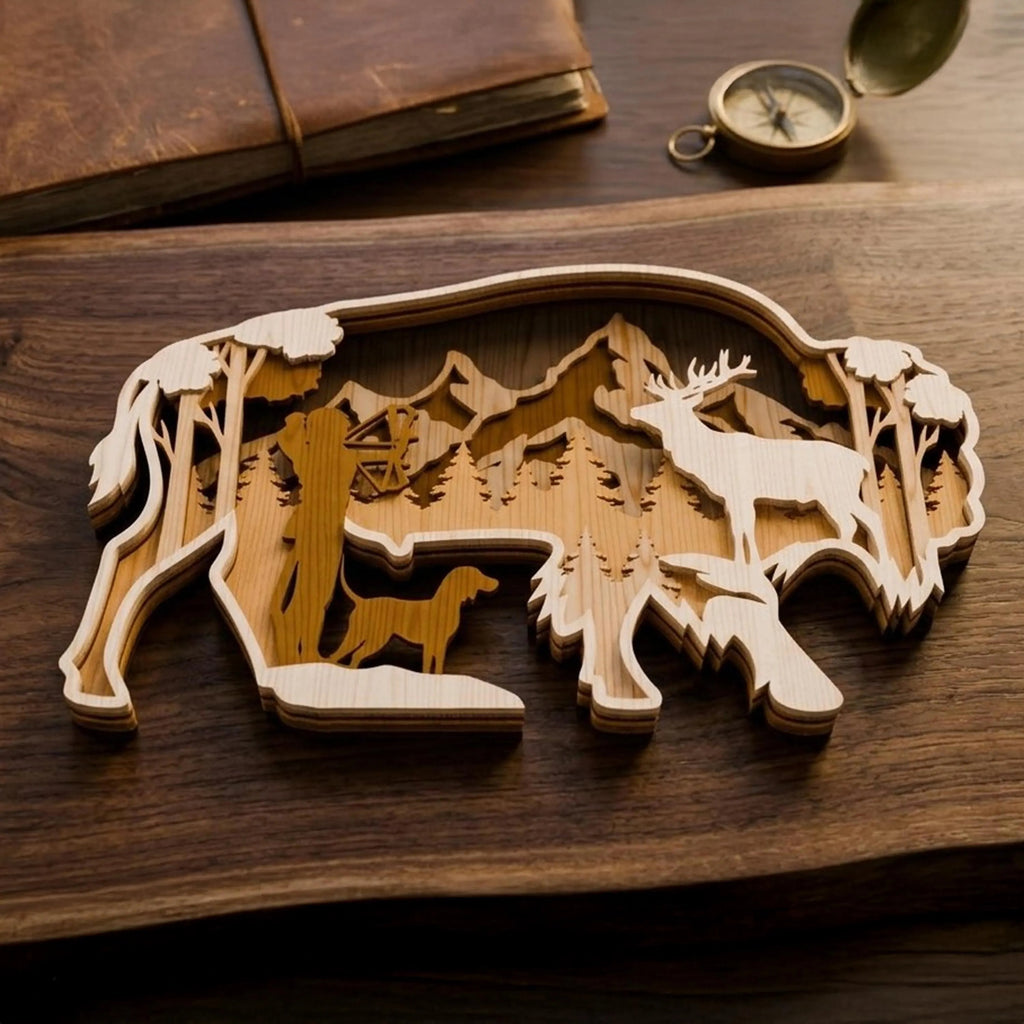 Bison Hunter Scene Laser Cut Files SVG Bundle, Multilayer 3D Buffalo Hunting Wall Art, Deer Dog Mountain Forest DXF CDR