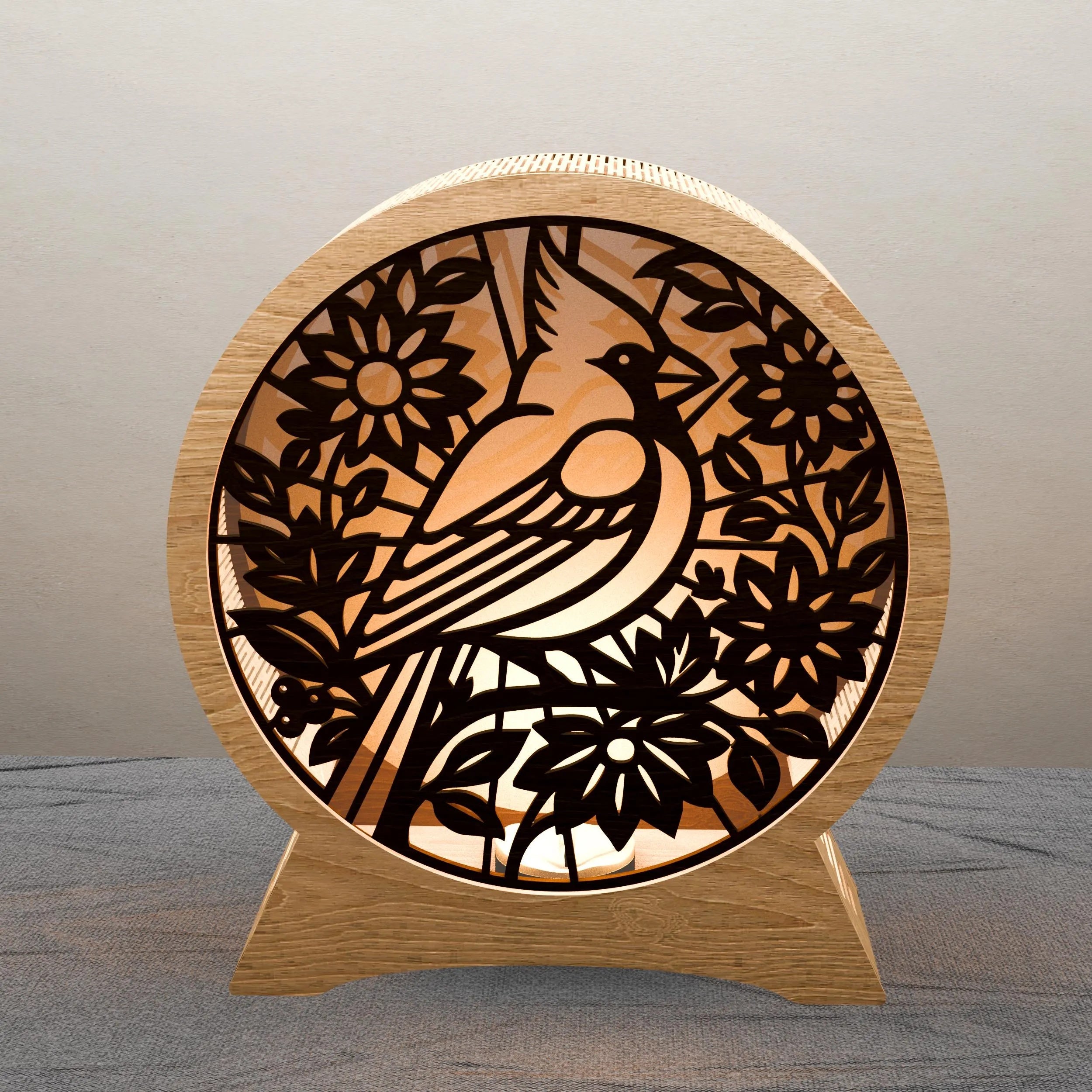 Cardinal Bird Round Lantern Laser Cut Files SVG DXF Wooden Night Light Floral Multilayer 3D Lamp Digital Download