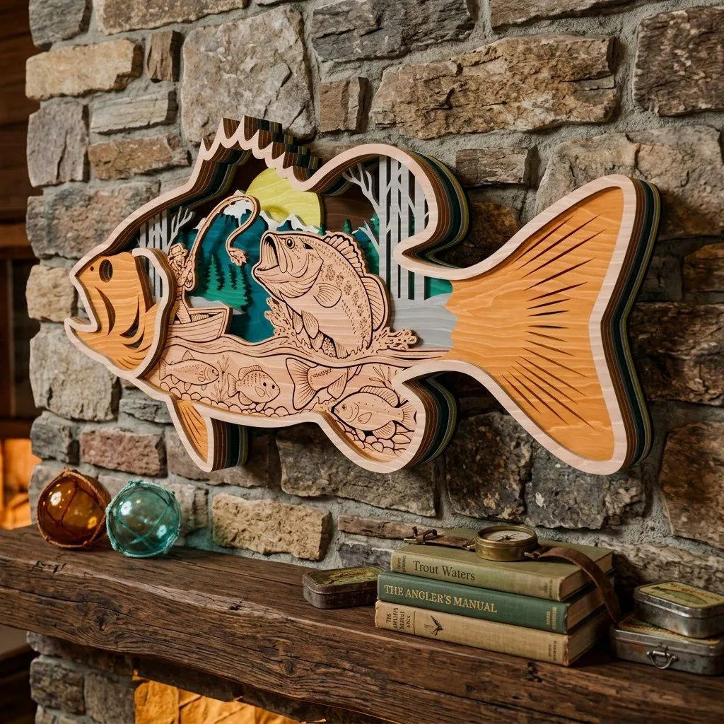 Bass Fishing Multilayer 3D SVG Laser Cut File, Largemouth Bass Fisherman Lake Scene Wall Art, Glowforge Cricut Digital Download