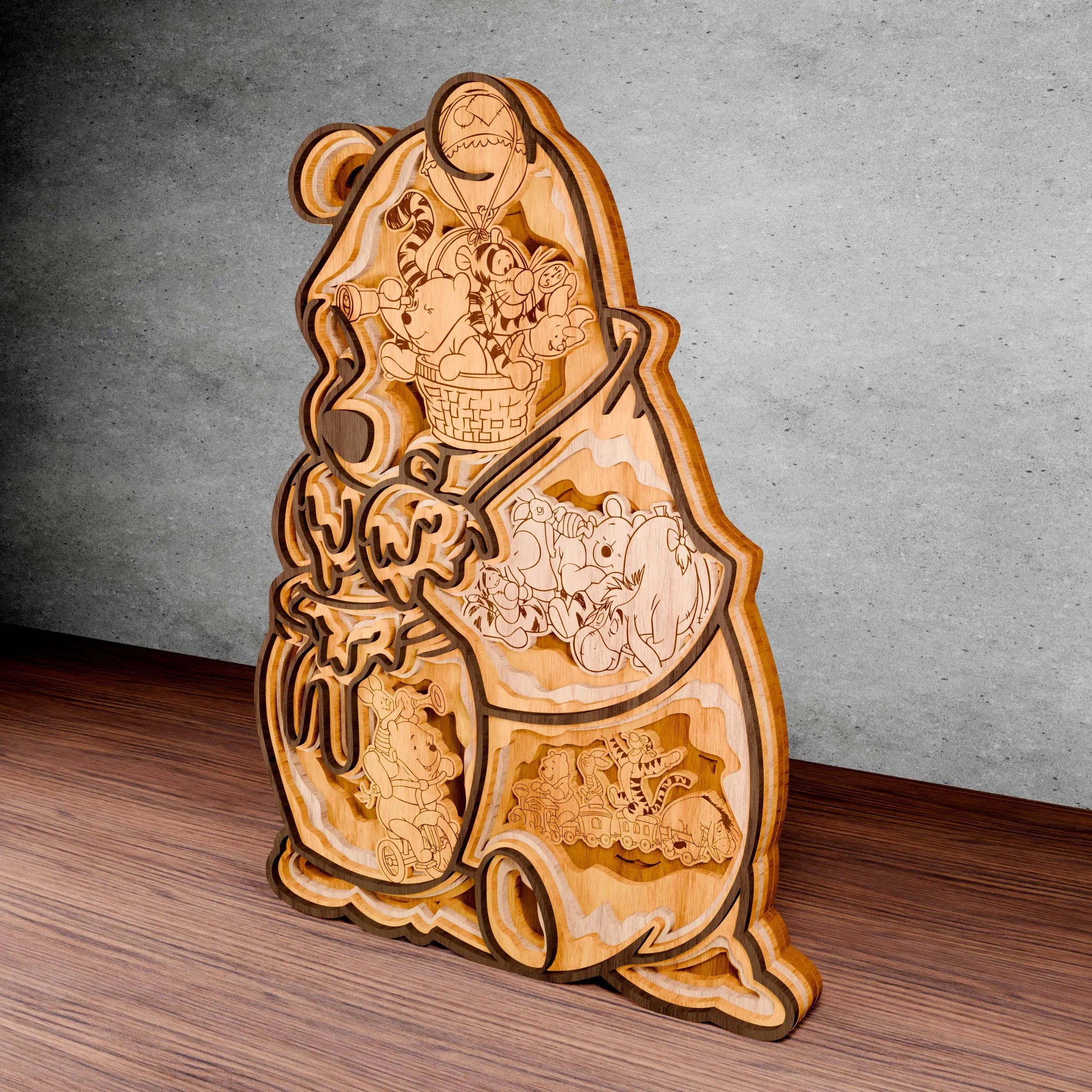 Honey Pot Bear Multilayer Laser Cut SVG, Cute Bear Tiger Piglet & Friends 3D Layered Wood Art, Glowforge Nursery Decor Digital Download
