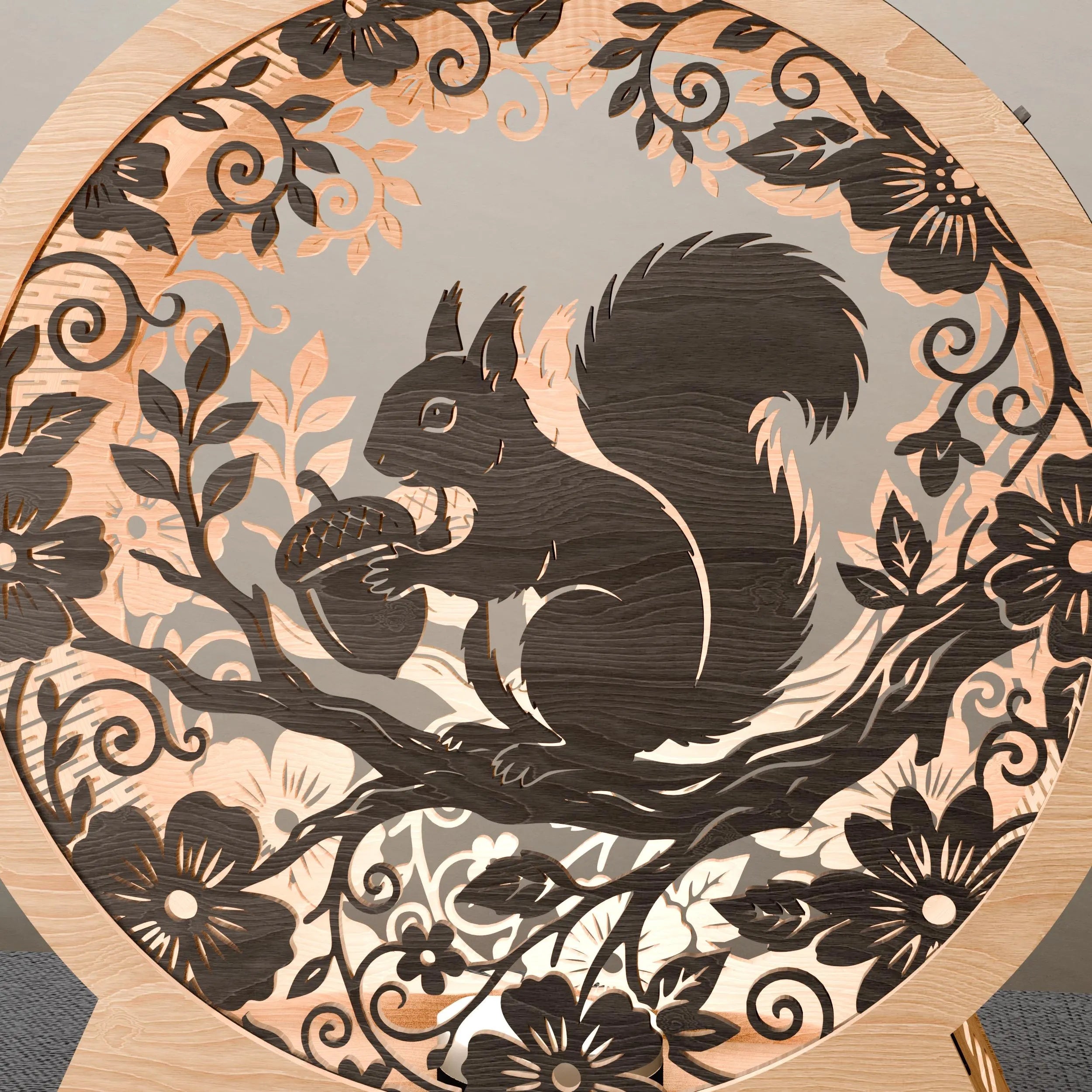 Squirrel Light Box SVG Laser Cut Files, 3D Round Wooden Night Lamp, Floral Forest Animal Shadow Box Digital Download for Glowforge