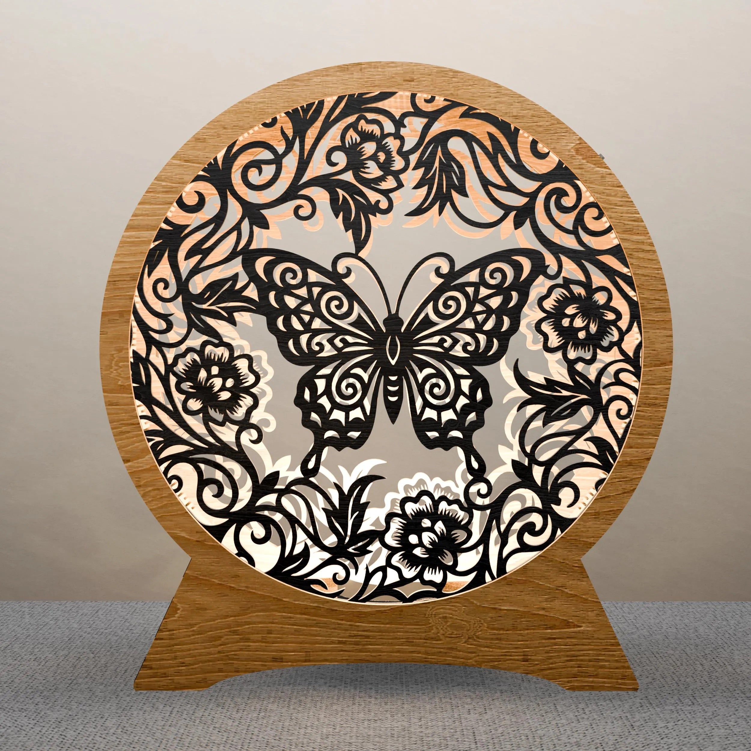Butterfly Mandala Round Lamp SVG Laser Cut Files, 3D Layered Floral Night Light DXF, Glowforge Wood Light Box Digital Download