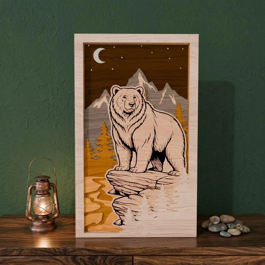Bear Mountain 3D Layered SVG Laser Cut File, Multilayer Grizzly Shadow Box Wood Wall Art, Glowforge Cricut Digital Download