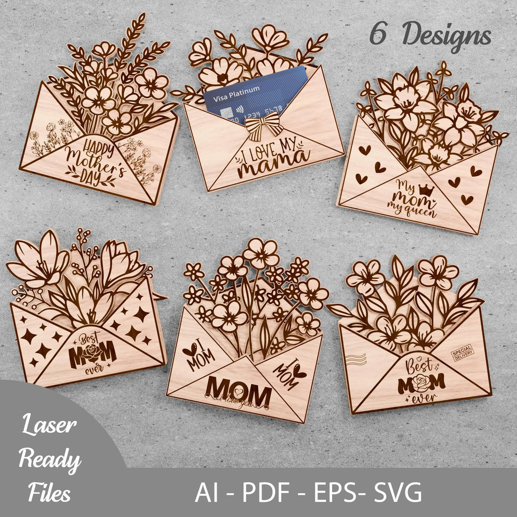 Mother's Day Envelope Money Card Holder SVG Bundle, 6 Designs Laser Cut File, Best Mom Ever Gift Card Holder, Floral Mama SVG for Glowforge