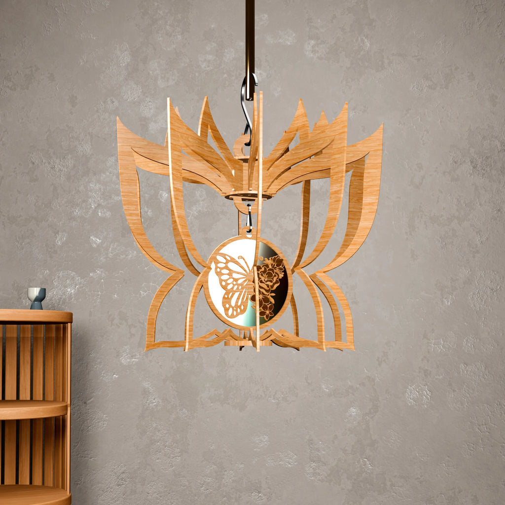 Lotus Pendant Lamp Laser Cut Files SVG DXF, 3D Wooden Hanging Lampshade Bundle, Fairy Butterfly CNC Digital Download