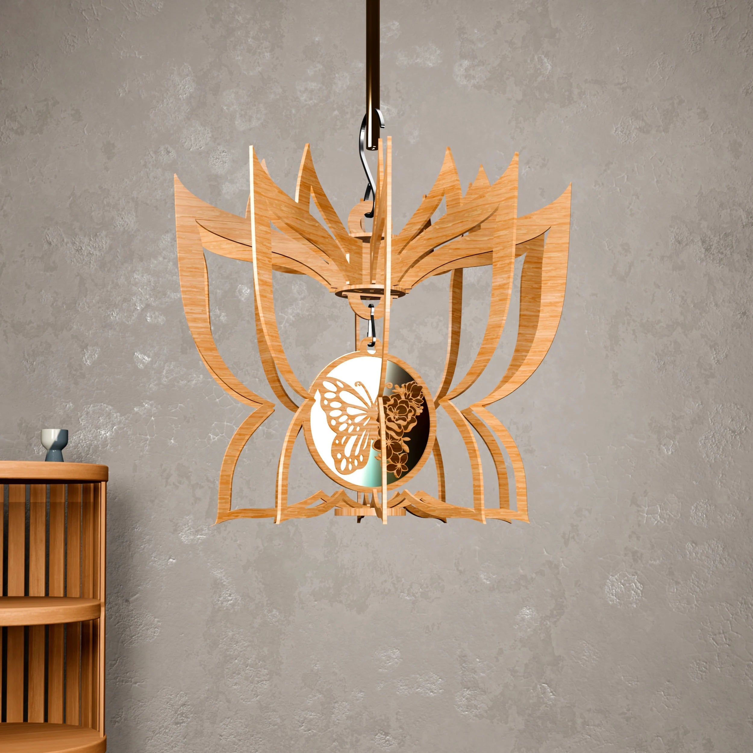 Lotus Pendant Lamp Laser Cut Files SVG DXF, 3D Wooden Hanging Lampshade Bundle, Fairy Butterfly CNC Digital Download