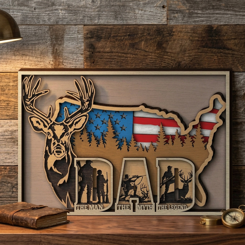 Dad The Man The Myth The Legend SVG, USA Map Deer Hunting Multilayer SVG, American Flag Buck Laser Cut File, Fathers Day Gift