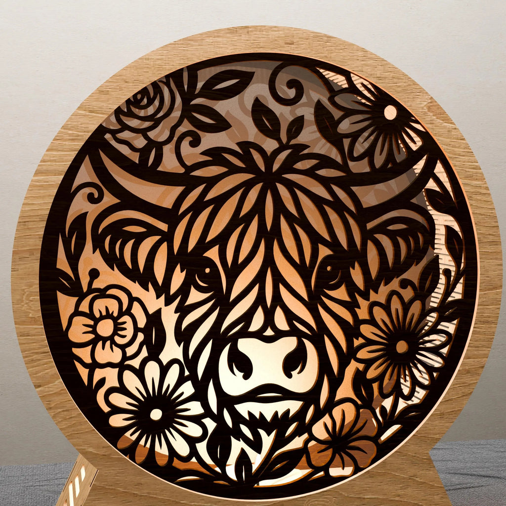 Highland Cow Mandala Lamp SVG Laser Cut Files, 3D Floral Bull Night Light Multilayer Vector, Glowforge Cricut Digital Download