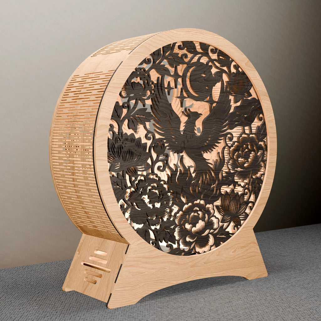Phoenix Lamp SVG Laser Cut Files, Multilayer Mandala Night Light, Peony Lotus Moon 3D Wood Lantern Digital Download for Glowforge