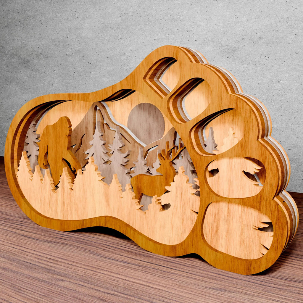 Bigfoot Foot Multilayer Laser Cut Files SVG, Sasquatch Mountain Forest Scene 3D Layered Shadow Box Digital Download