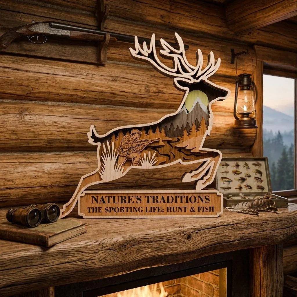 Hunting Deer SVG Laser Cut File, Multilayer Leaping Stag Hunter Scene, 3D Layered Wood Sign Cabin Decor Digital Download