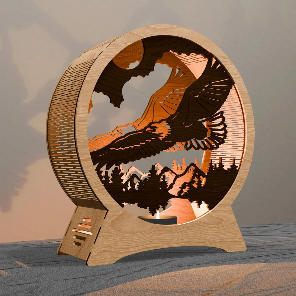 Eagle Mountain Multilayer 3D SVG Laser Cut File, Round Tealight Lantern Shadow Box, Bald Eagle Wildlife Light Box Digital Download