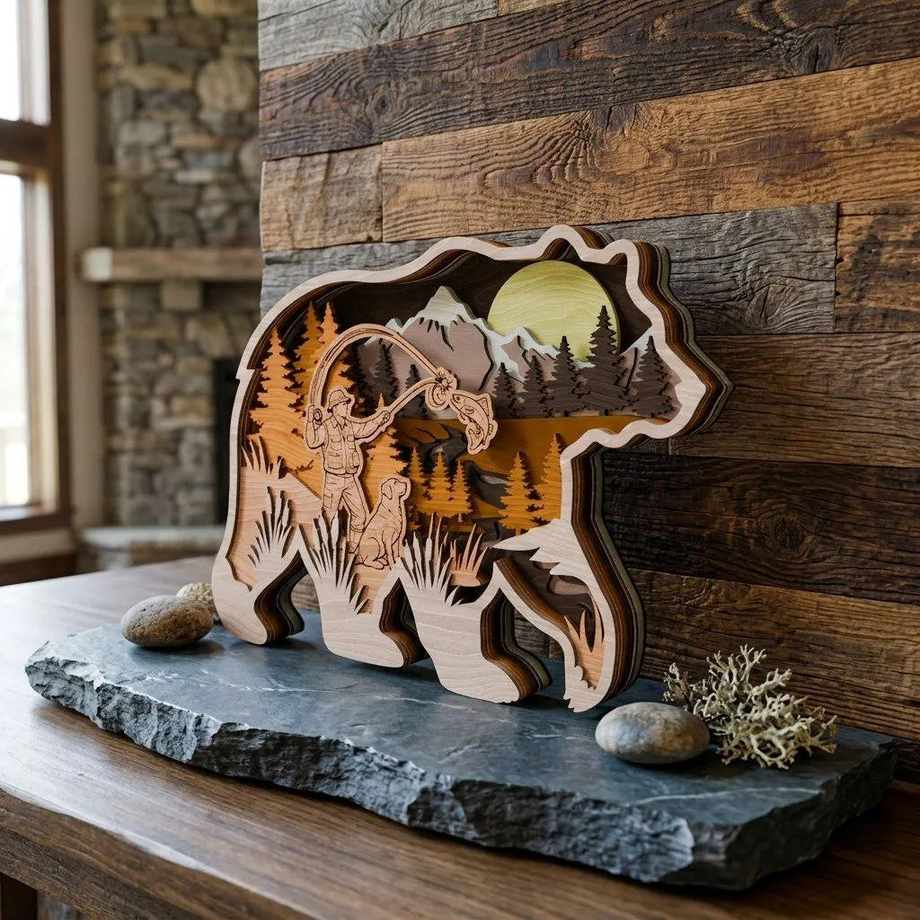 Bear Fly Fishing SVG Laser Cut File, 3D Multilayer Bear Fisherman Mountain Scene, Glowforge Wood Wall Art Cnc Cricut